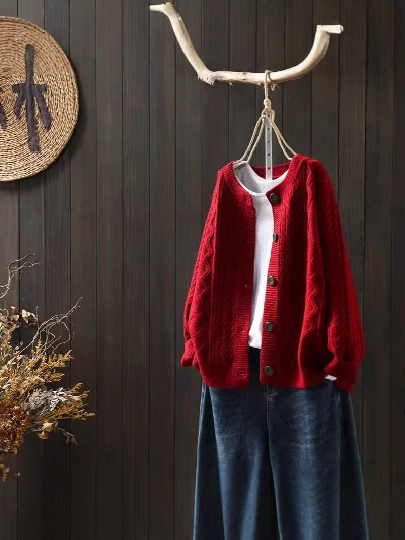 Hazel | Womens Cable Knit Wool Blend Cardigan, Red