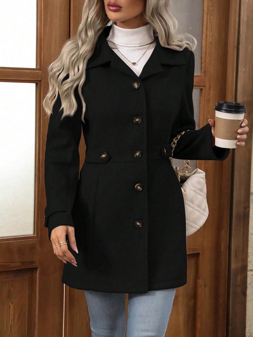 Helena | Womens Slim Fit Button Front Winter Coat, Black