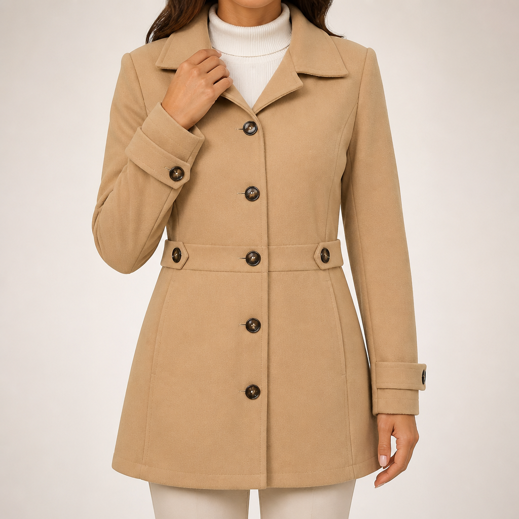 Helena | Womens Slim Fit Button Front Winter Coat, Khaki