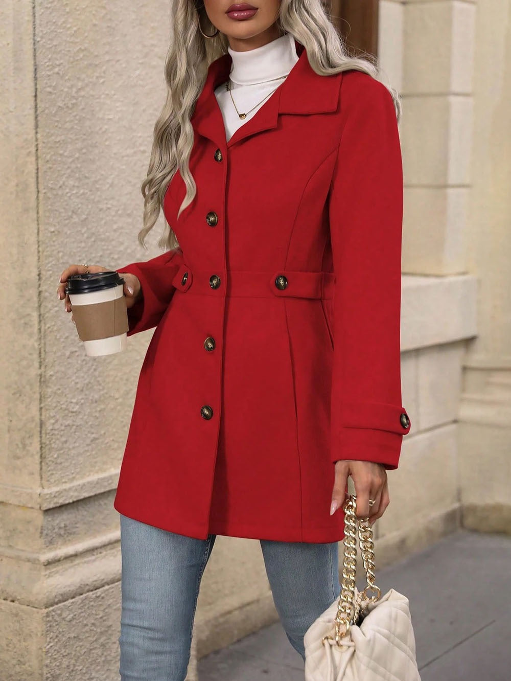 Helena | Womens Slim Fit Button Front Winter Coat, Red