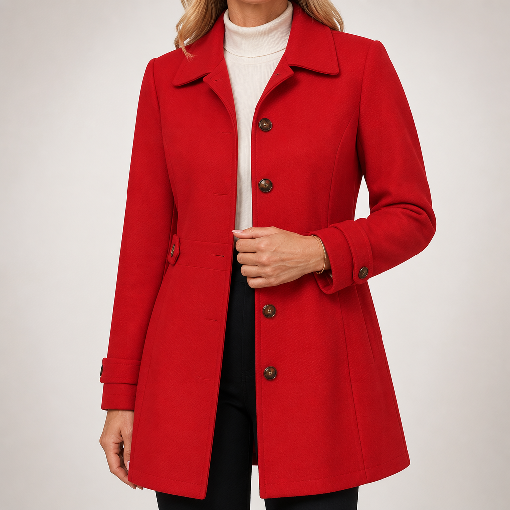 Helena | Womens Slim Fit Button Front Winter Coat, Red