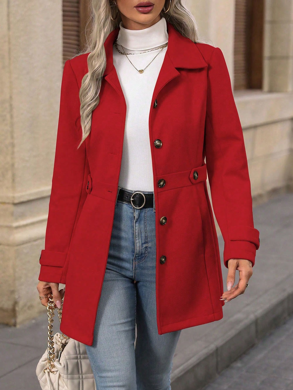 Helena | Womens Slim Fit Button Front Winter Coat, Red