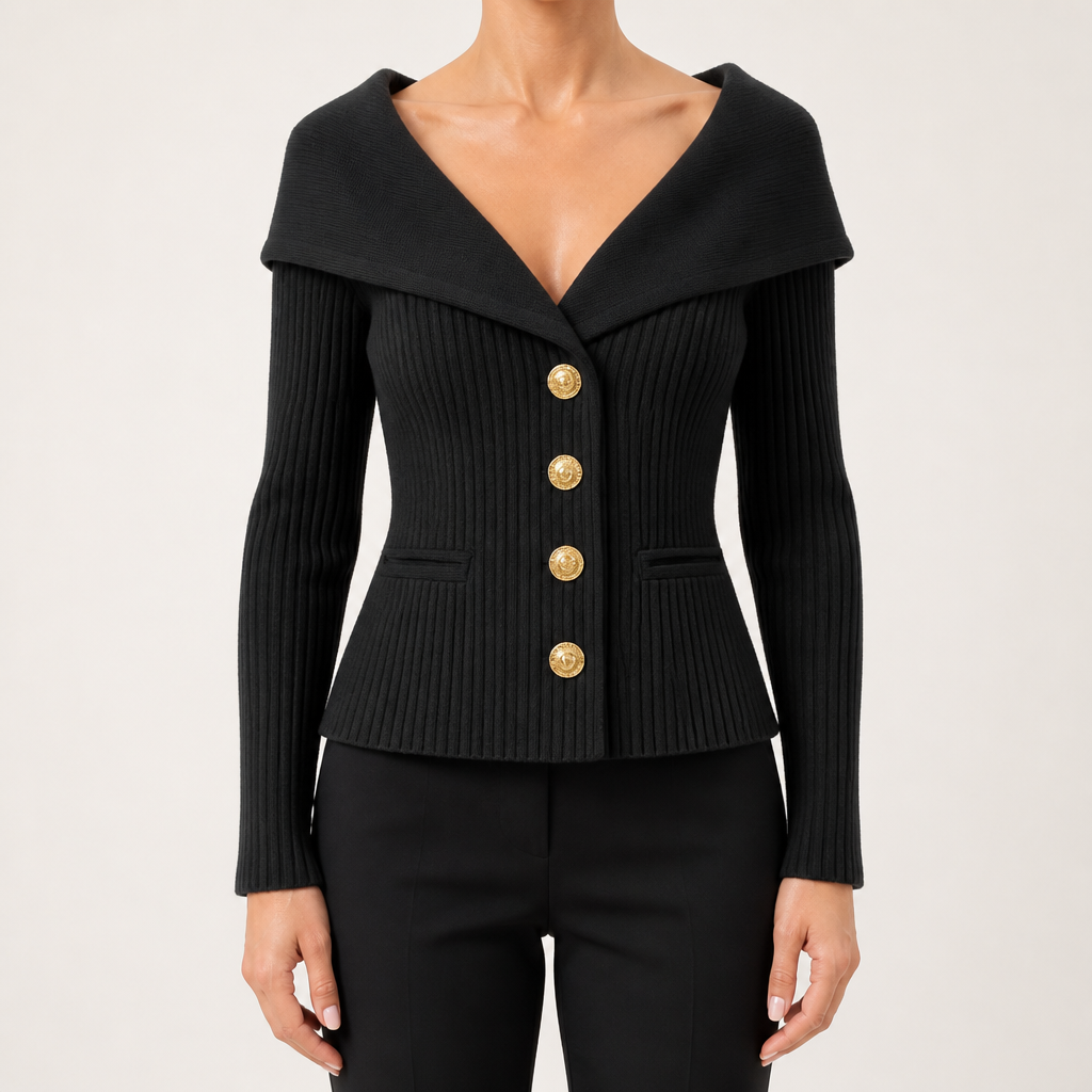 Henrietta | Womens Tweed Knit Fitted Waist Jacket Cardigan, Black