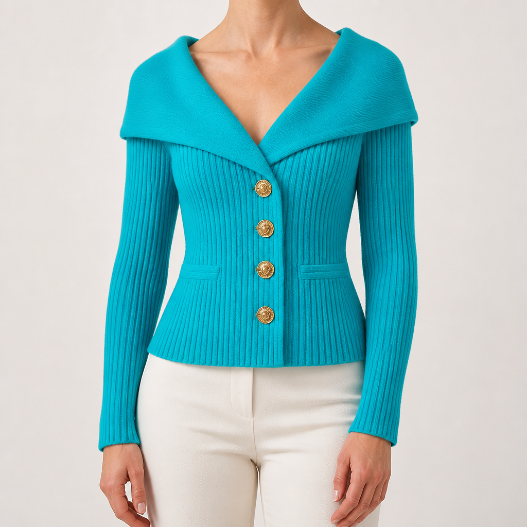Henrietta | Womens Tweed Knit Fitted Waist Jacket Cardigan, Blue 2