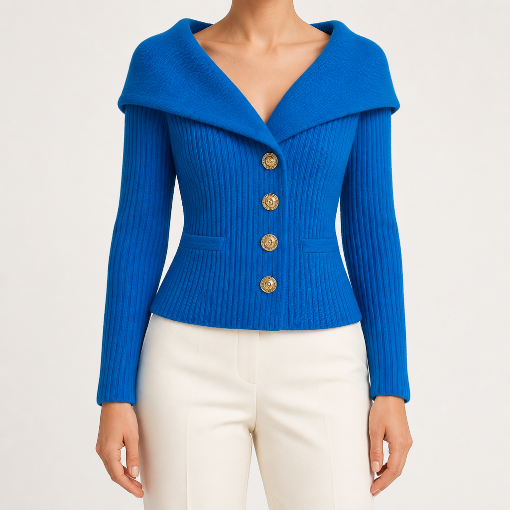 Henrietta | Womens Tweed Knit Fitted Waist Jacket Cardigan, Blue