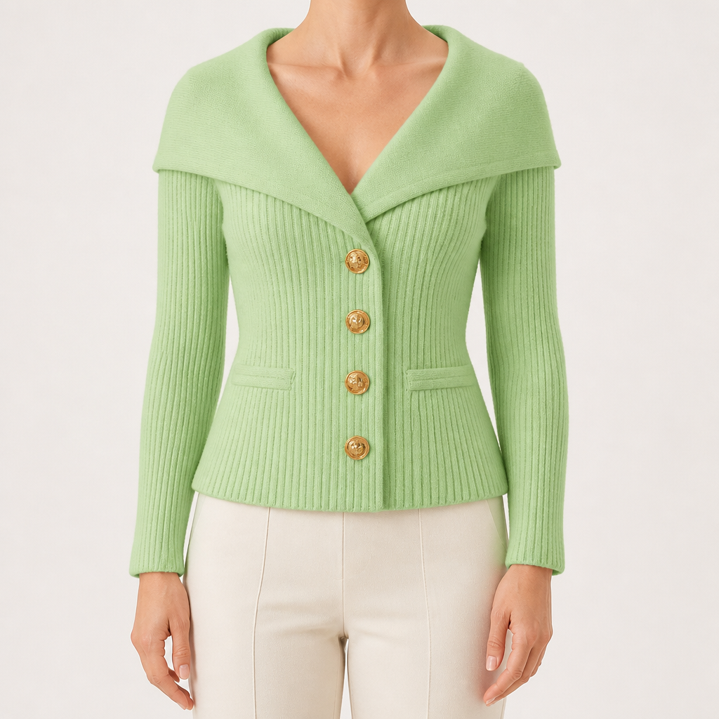 Henrietta | Womens Tweed Knit Fitted Waist Jacket Cardigan, Green
