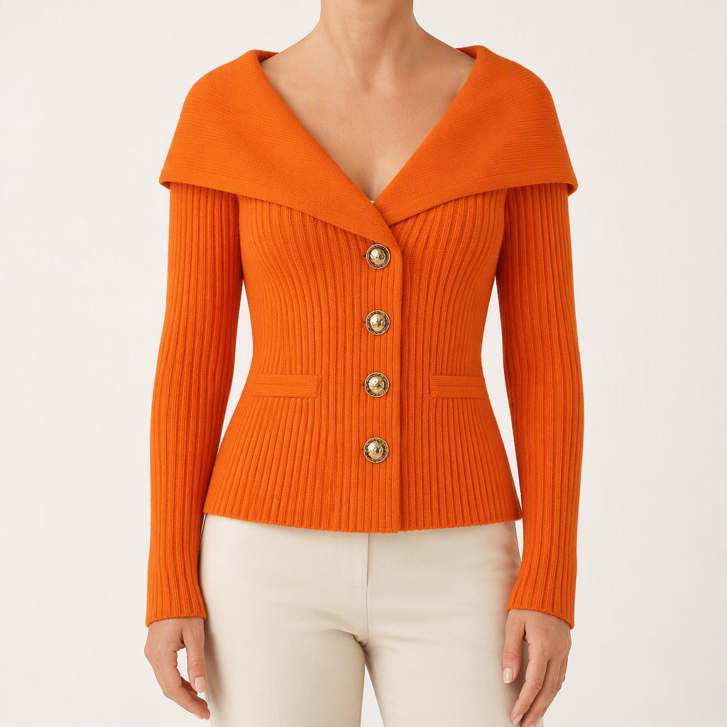 Henrietta | Womens Tweed Knit Fitted Waist Jacket Cardigan, Orange