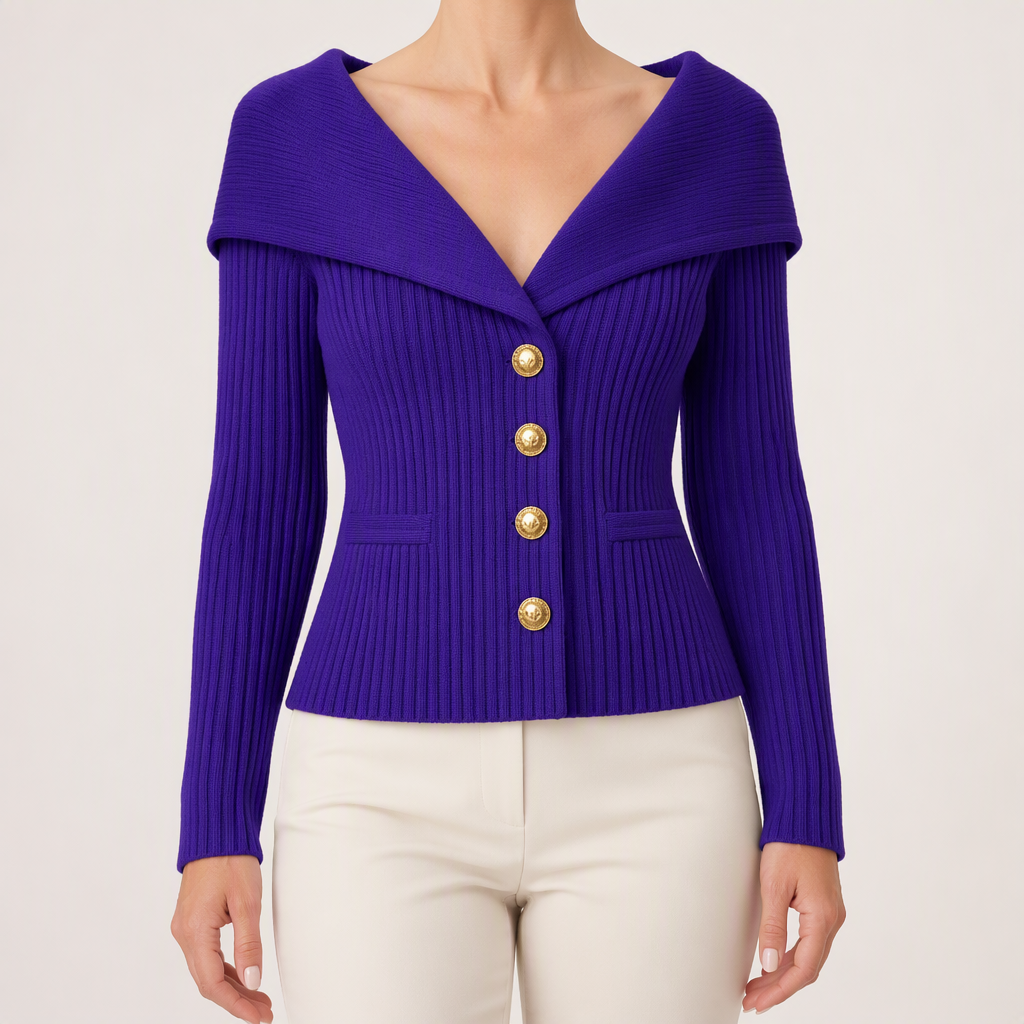 Henrietta | Womens Tweed Knit Fitted Waist Jacket Cardigan, Purple