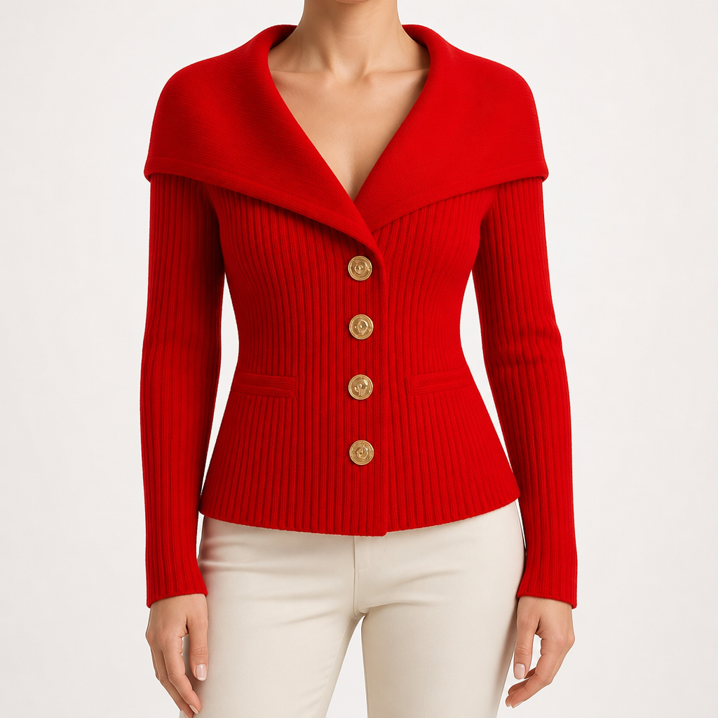 Henrietta | Womens Tweed Knit Fitted Waist Jacket Cardigan, Red