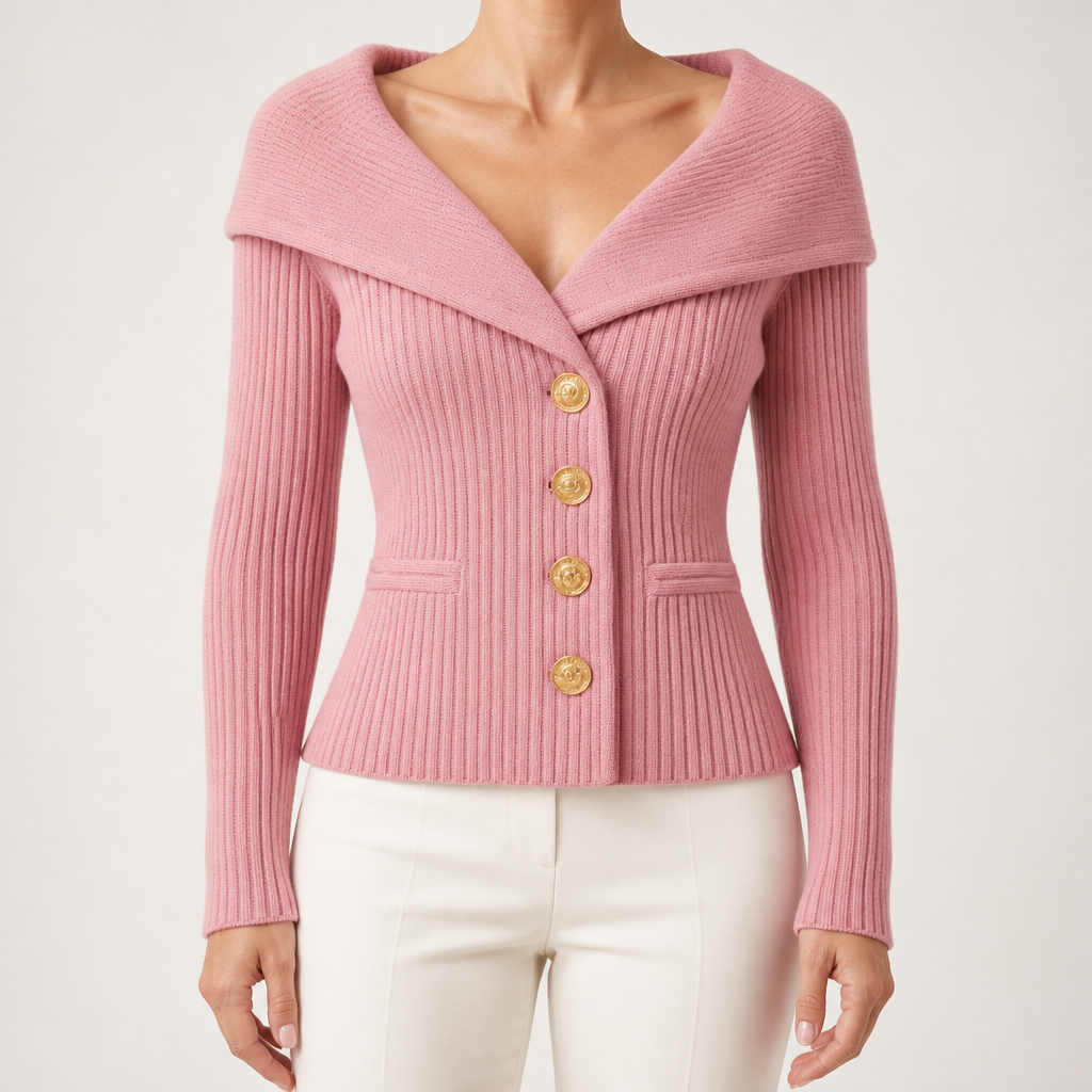 Henrietta | Womens Tweed Knit Fitted Waist Jacket Cardigan, Rose