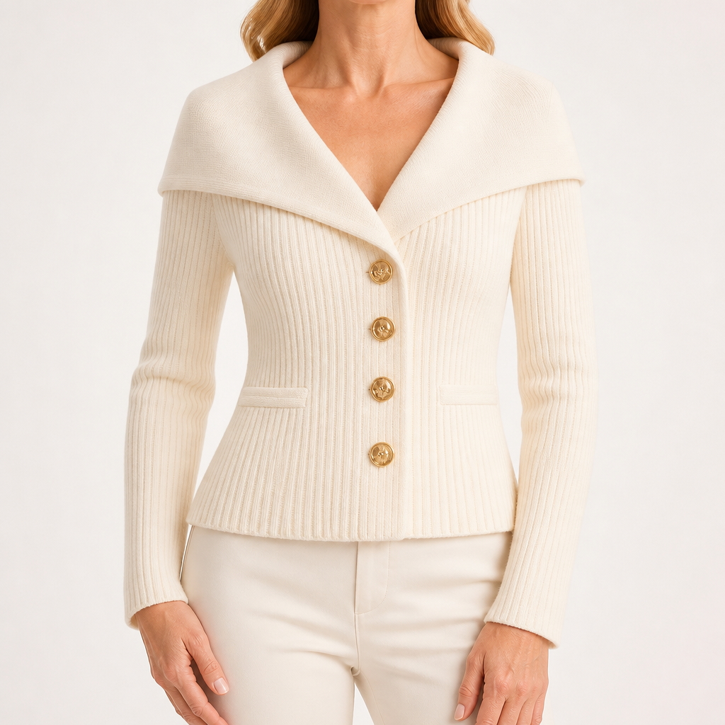 Henrietta | Womens Tweed Knit Fitted Waist Jacket Cardigan, White