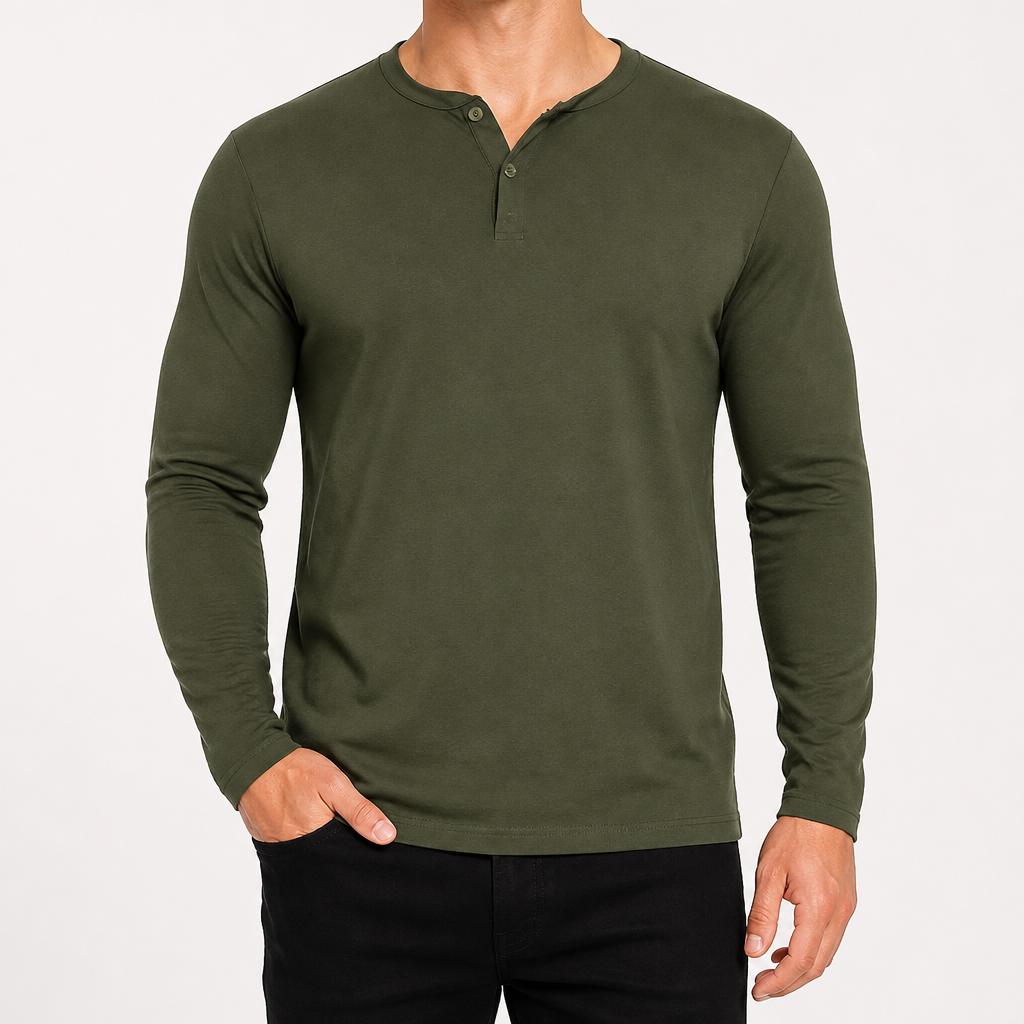 Holt | Mens Henley Long Sleeve Vintage Fitted Cotton Top, Army Green