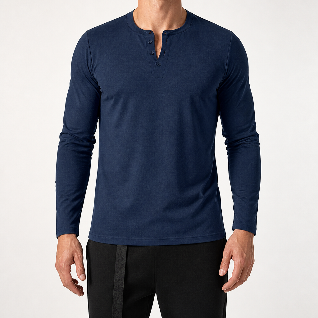 Holt | Mens Henley Long Sleeve Vintage Fitted Cotton Top, Navy Blue