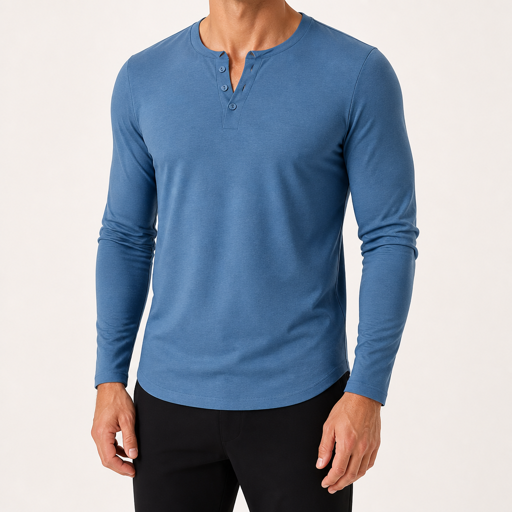 Holt | Mens Henley Long Sleeve Vintage Fitted Cotton Top, Sky Blue