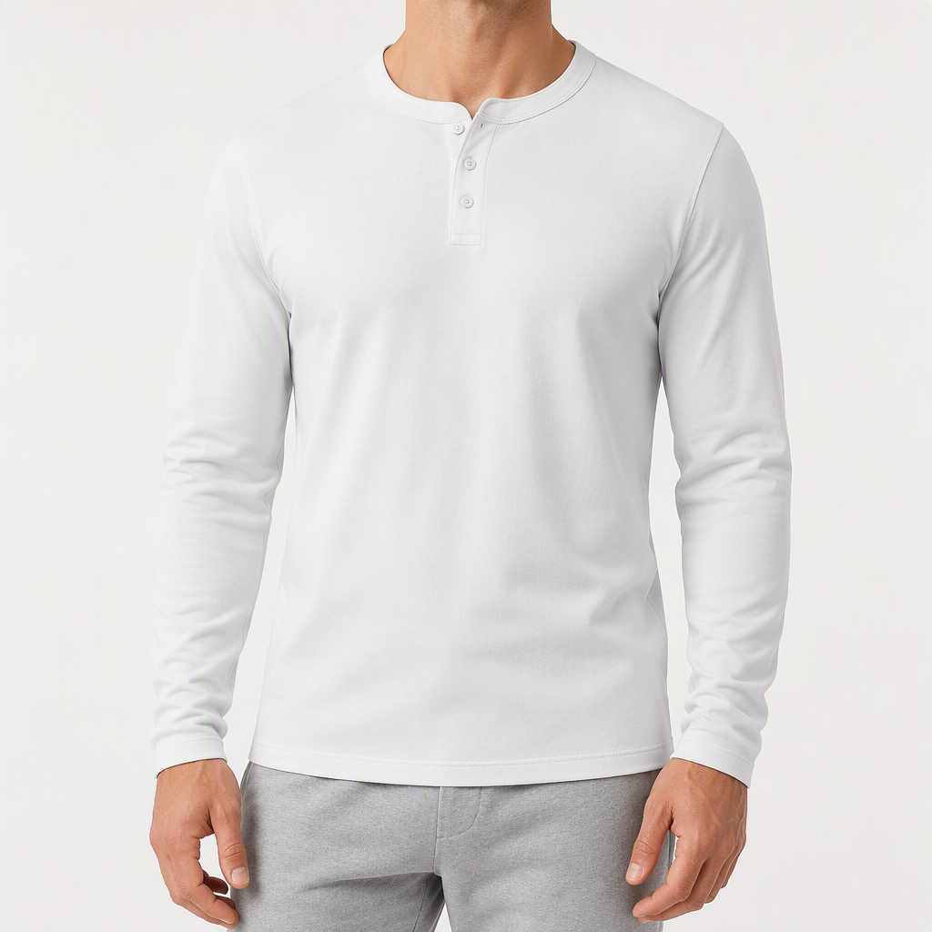 Holt | Mens Henley Long Sleeve Vintage Fitted Cotton Top, White