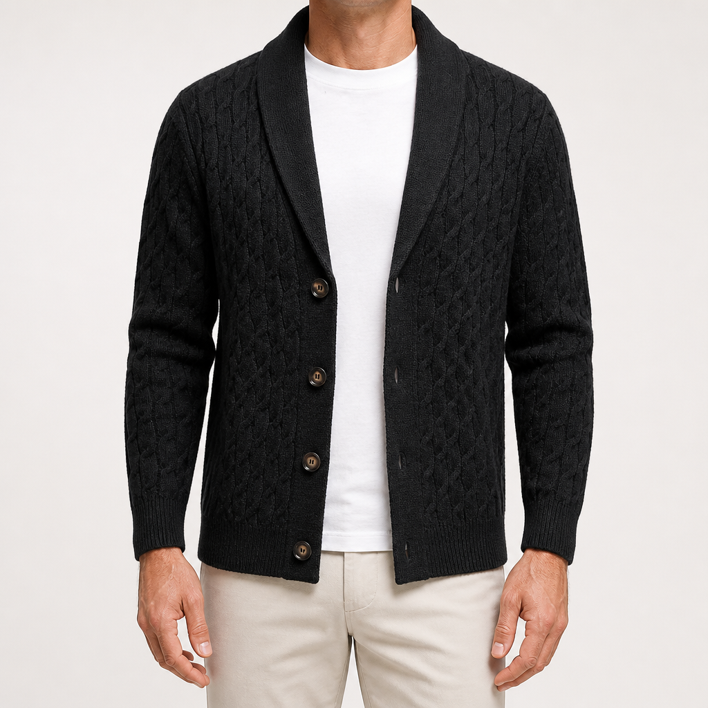 Ignatius | Mens Cardigan Wool Blend Knitted Thick Knit Coat Jumper, Black