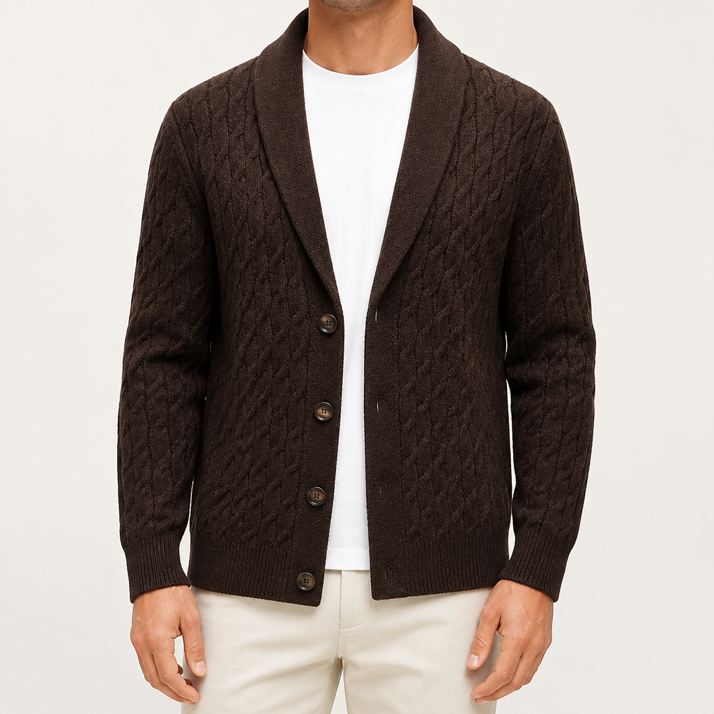 Ignatius | Mens Cardigan Wool Blend Knitted Thick Knit Coat Jumper, Dark Brown