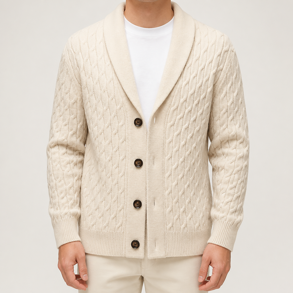 Ignatius | Mens Cardigan Wool Blend Knitted Thick Knit Coat Jumper, Off White