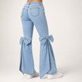 Imogen | Womens Jeans Flare High Waisted Bow Wide Leg Denim, Light Blue