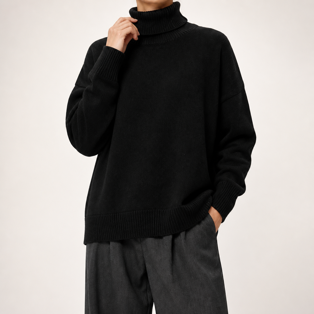 Ingrid | Womens Turtleneck Knitted Long Sleeve Jumper Sweater, Black