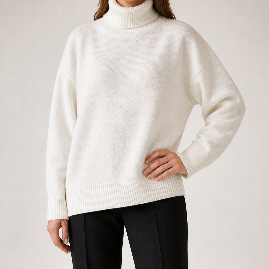 Ingrid | Womens Turtleneck Knitted Long Sleeve Jumper Sweater, Off White