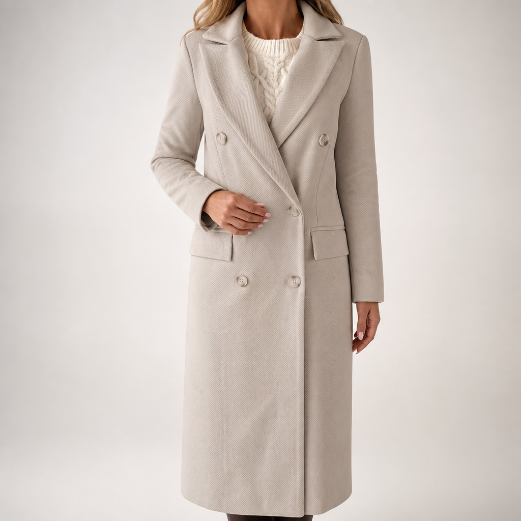 Iris | Womens Double Breasted Lapel Black Long Red Coat, Beige