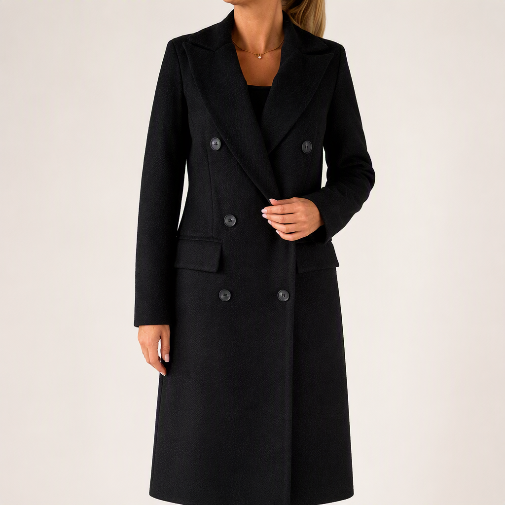 Iris | Womens Double Breasted Lapel Black Long Red Coat, Black