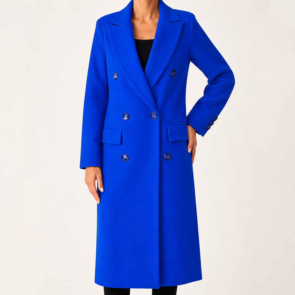 Iris | Womens Double Breasted Lapel Black Long Red Coat, Dark Blue