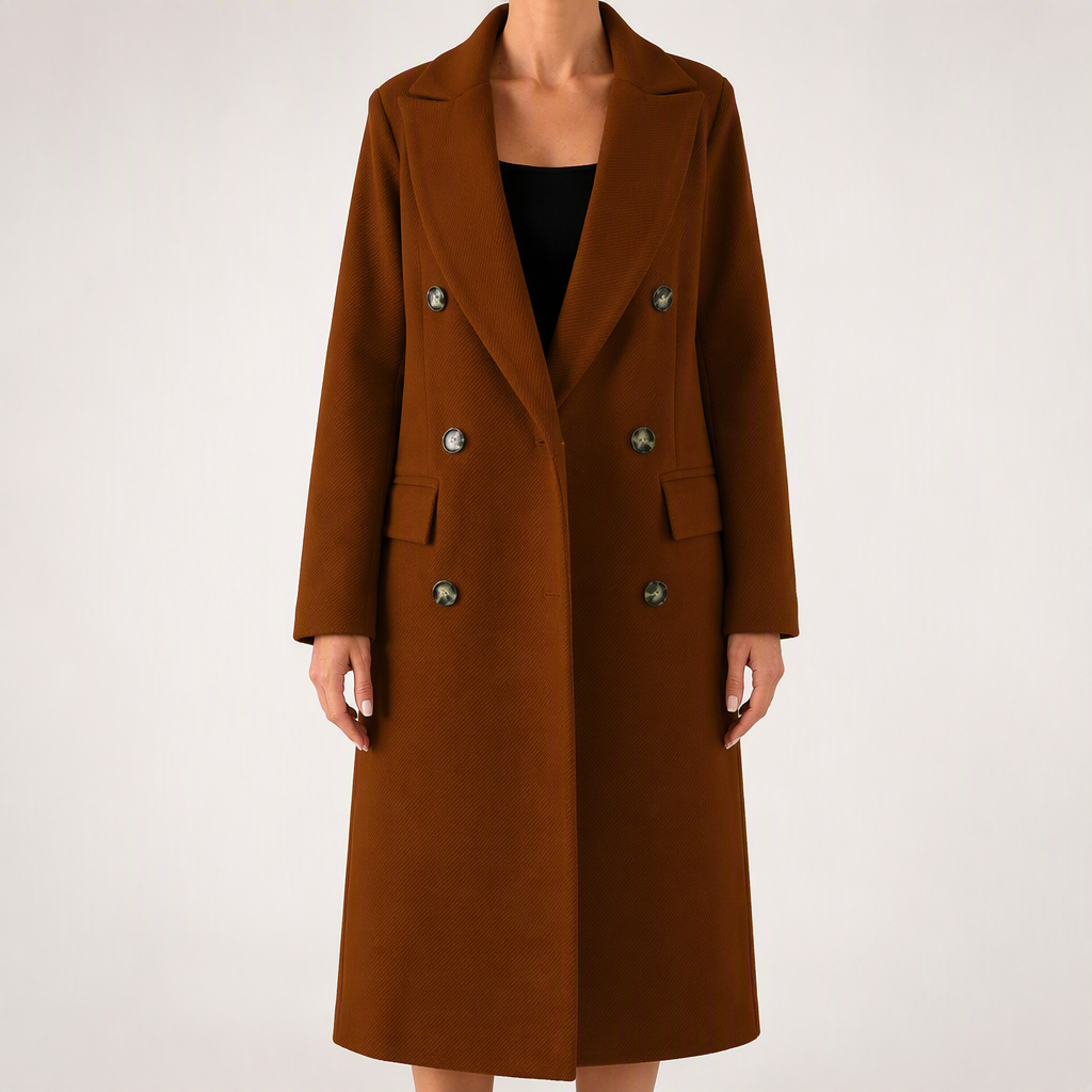 Iris | Womens Double Breasted Lapel Black Long Red Coat, Dark Brown