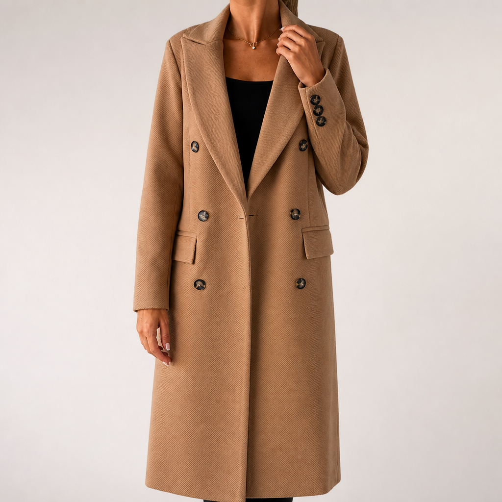 Iris | Womens Double Breasted Lapel Black Long Red Coat, Khaki