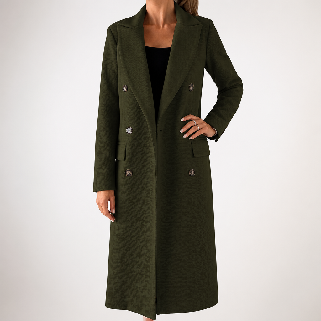 Iris | Womens Double Breasted Lapel Black Long Red Coat, Military Green