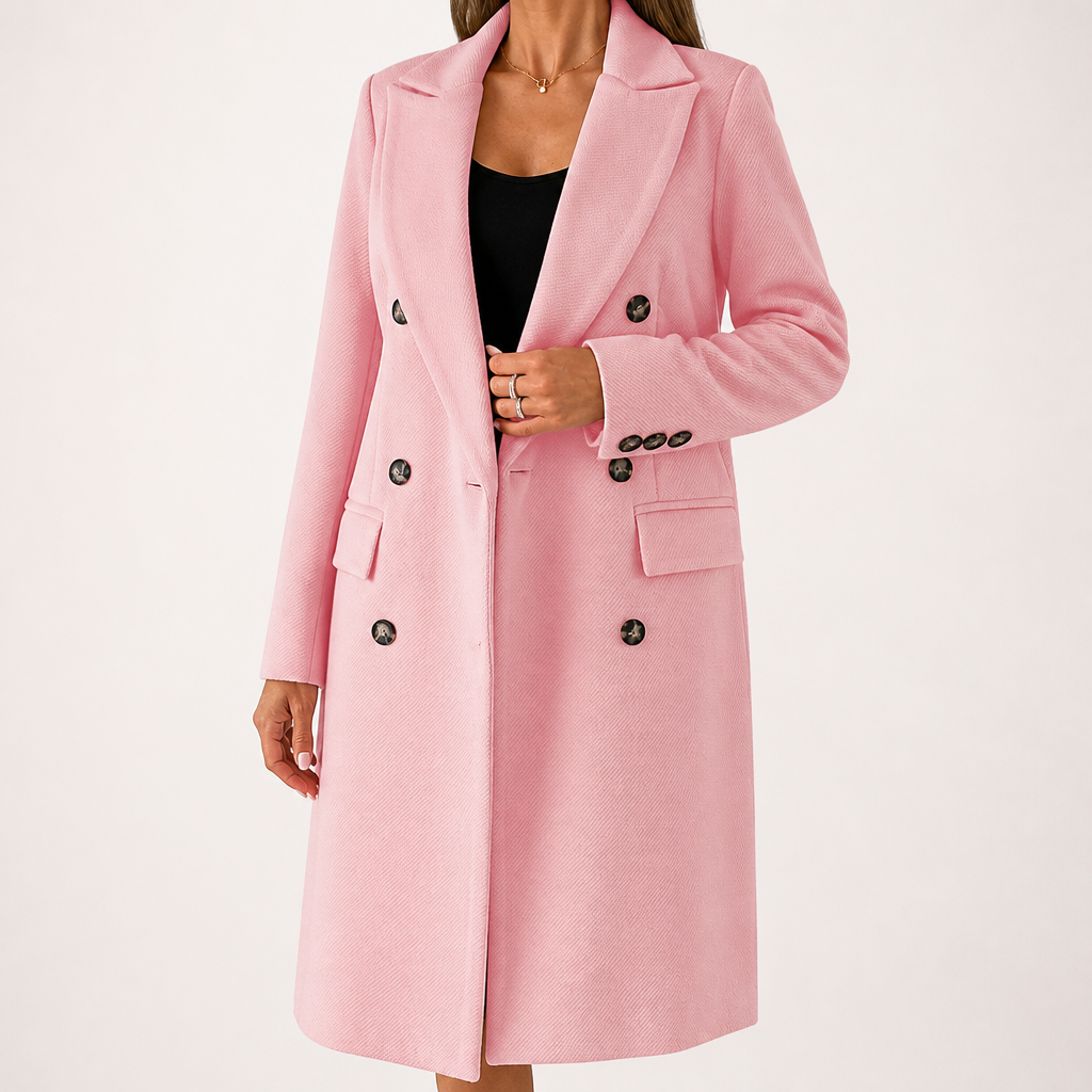 Iris | Womens Double Breasted Lapel Black Long Red Coat, Pink