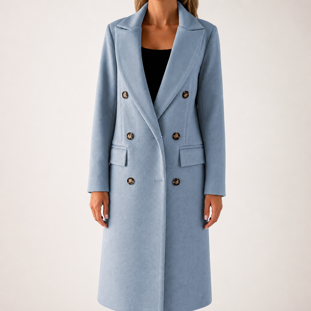 Iris | Womens Double Breasted Lapel Black Long Red Coat, Sky Blue