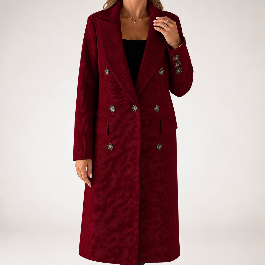 Iris | Womens Double Breasted Lapel Black Long Red Coat, Wine Red