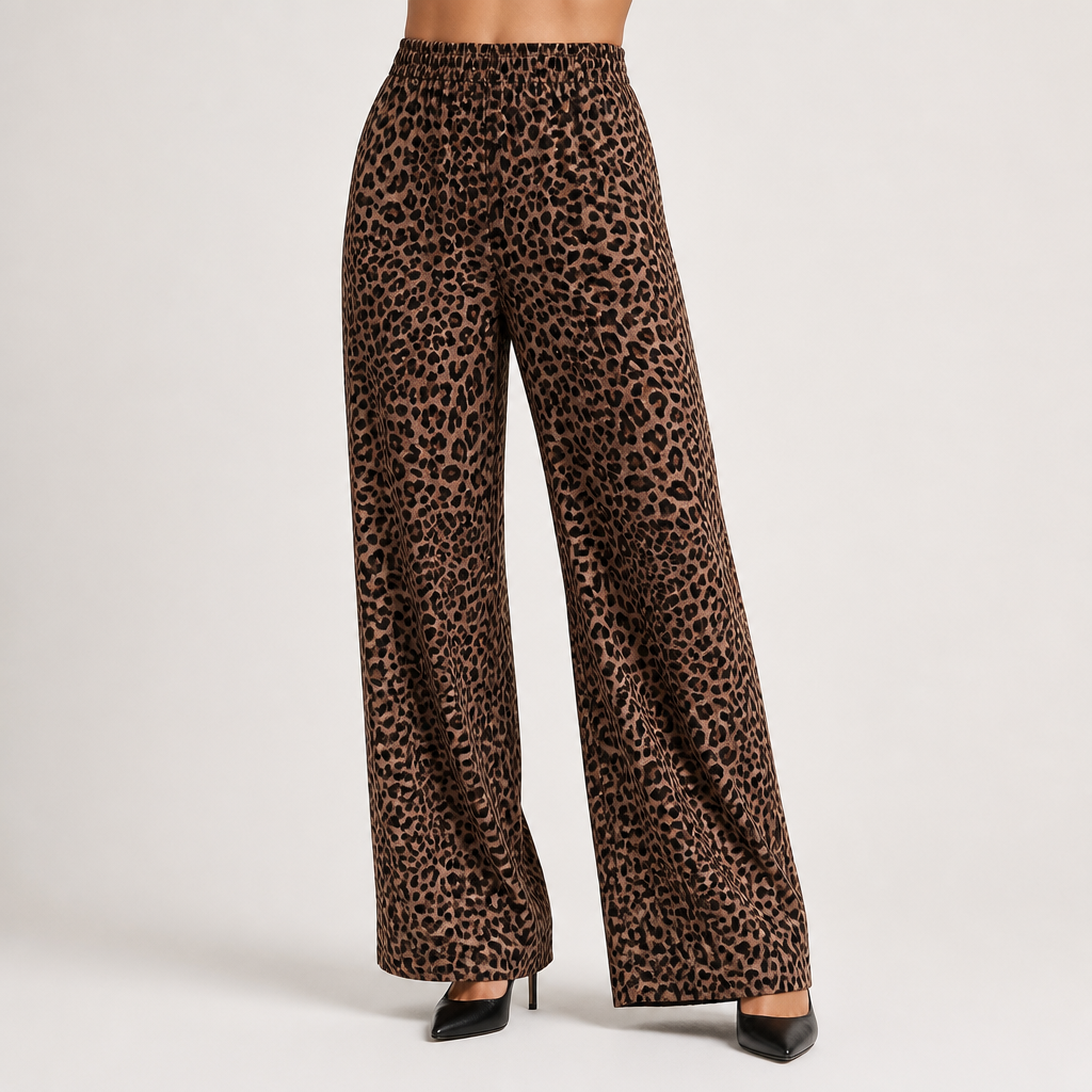 Iris | Womens Wide Leg Trousers Leopard Print High Waisted Palazzo Casual Pants, Brown