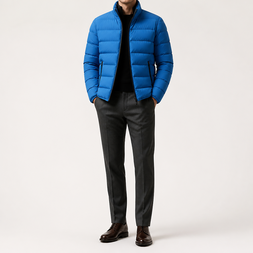 Isidore | Mens Warm Zip Stand Collar Winter Cotton Cardigan, Light Blue