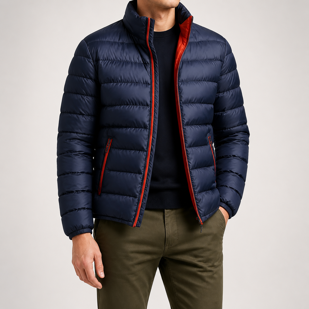 Isidore | Mens Warm Zip Stand Collar Winter Cotton Cardigan, Navy