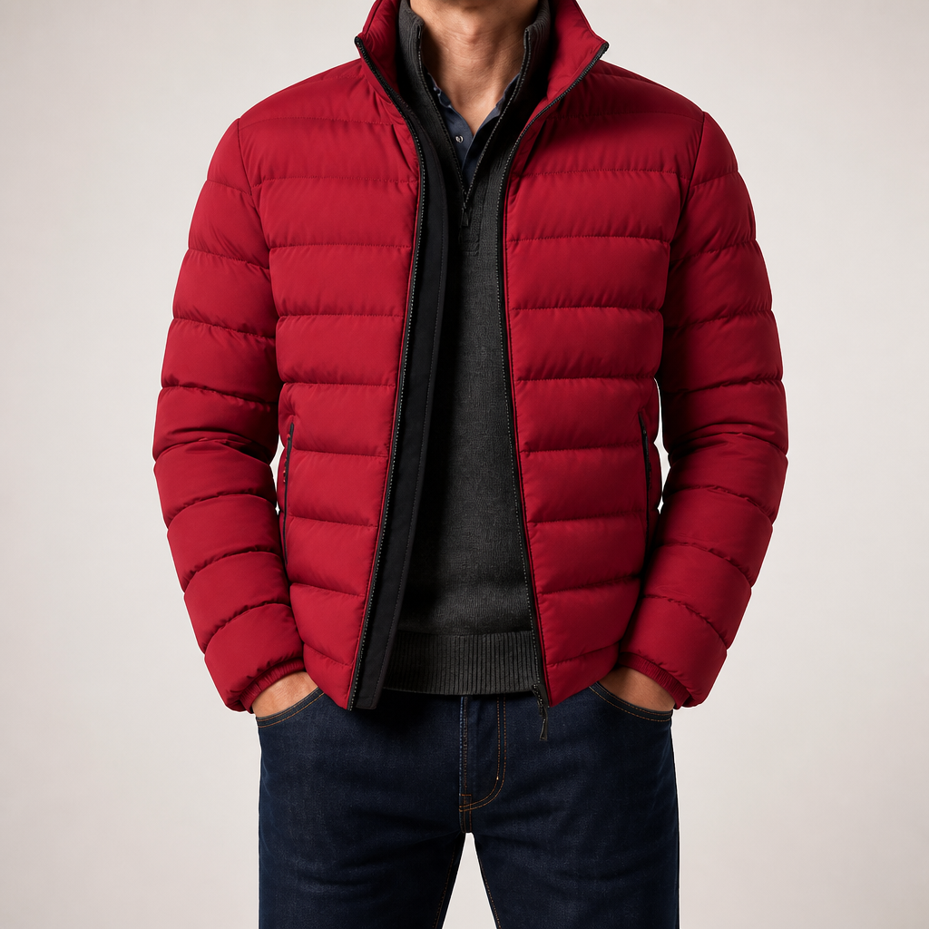 Isidore | Mens Warm Zip Stand Collar Winter Cotton Cardigan, Wine Red