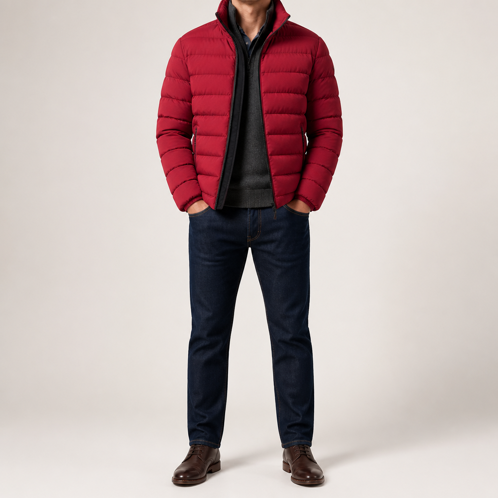 Isidore | Mens Warm Zip Stand Collar Winter Cotton Cardigan, Wine Red
