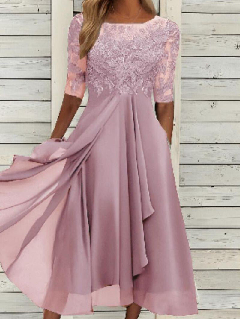 Isla | Chiffon Lace Wedding Guest Midi Dress Red Gold Champagne Bridesmaid - 1