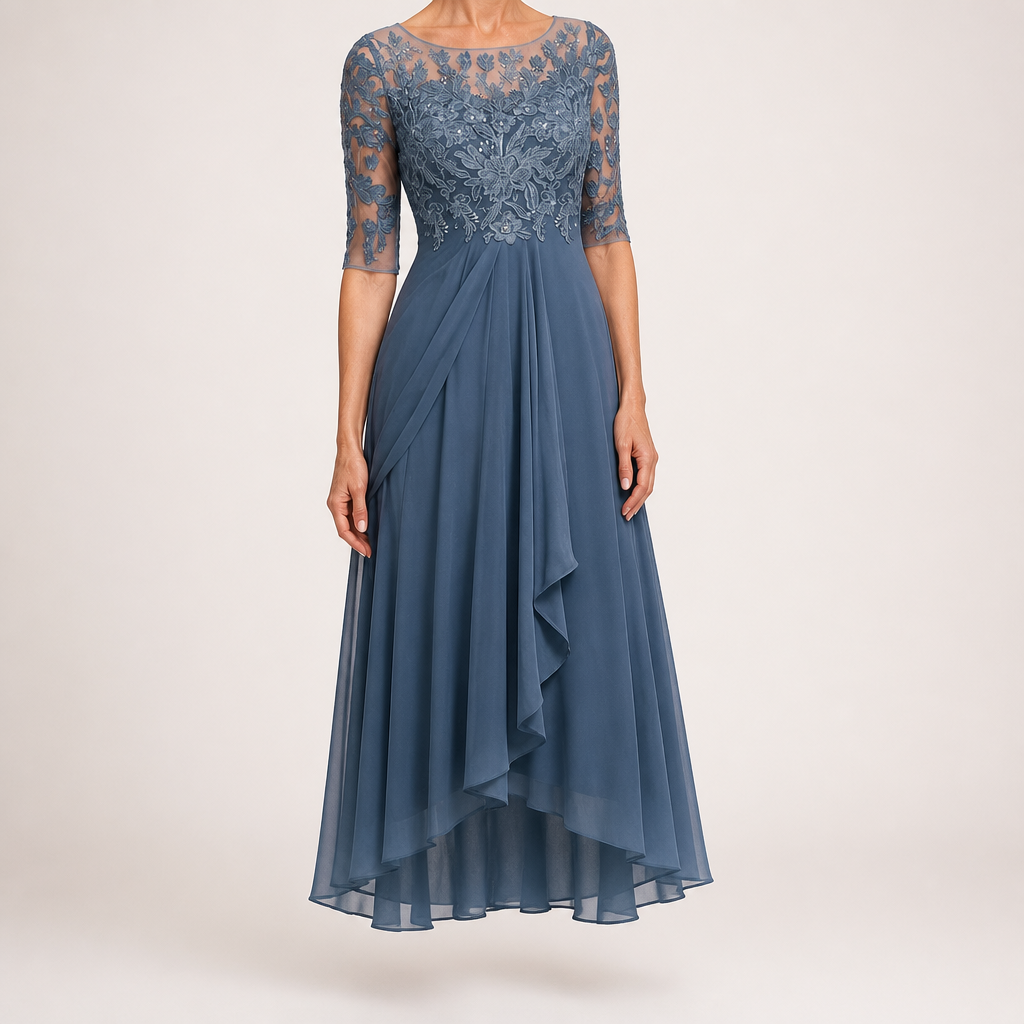 Isla | Womens Wedding Guest Dress Bridesmaid Cocktail Midi Lace Chiffon Dress, Blue