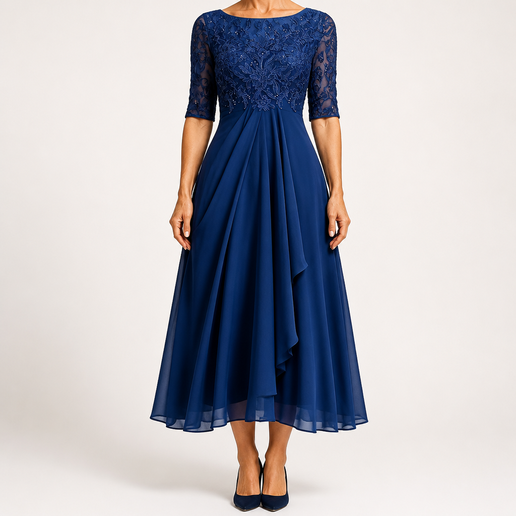 Isla | Womens Wedding Guest Dress Bridesmaid Cocktail Midi Lace Chiffon Dress, Dark Blue