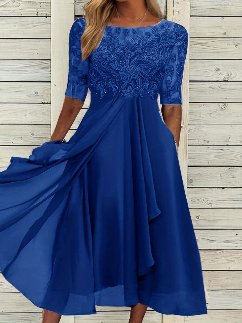 Isla | Chiffon Lace Wedding Guest Midi Dress Red Gold Champagne Bridesmaid - Dark Blue