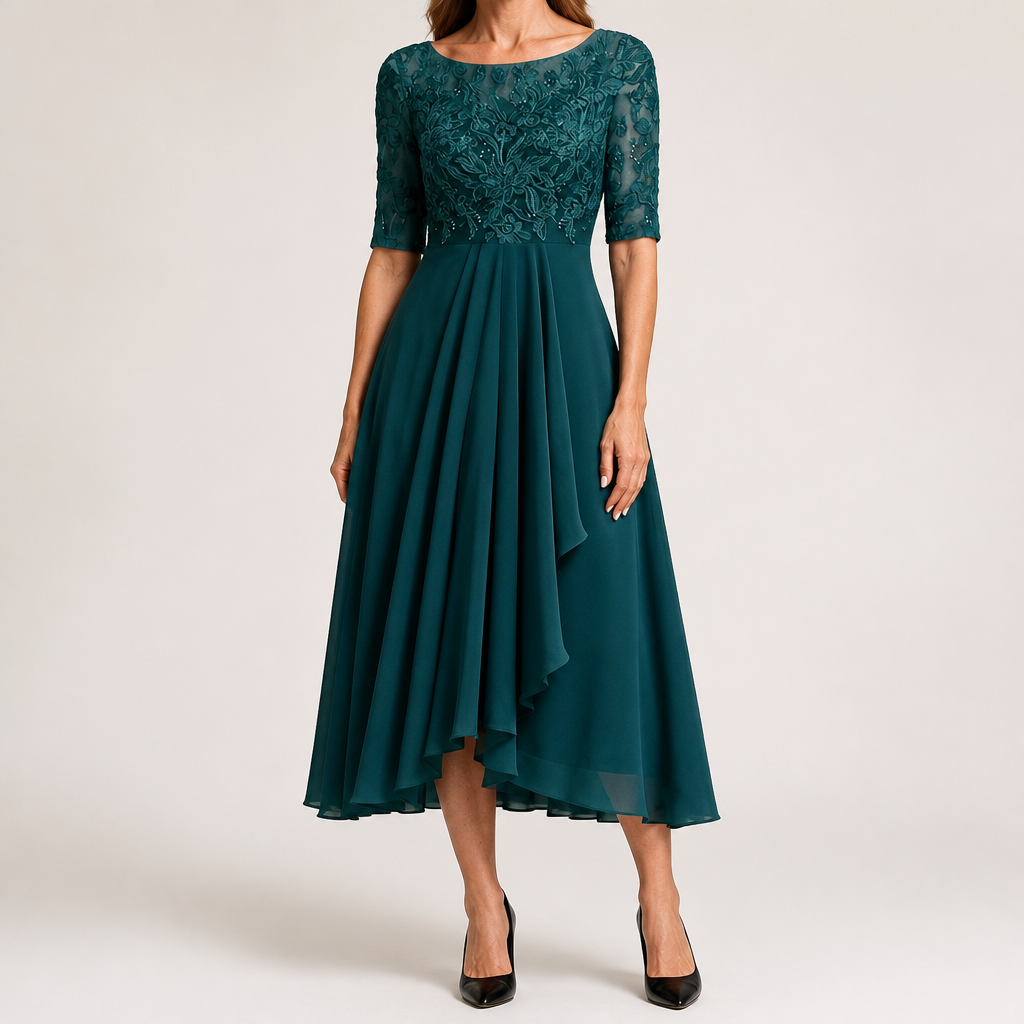 Isla | Womens Wedding Guest Dress Bridesmaid Cocktail Midi Lace Chiffon Dress, Dark Green