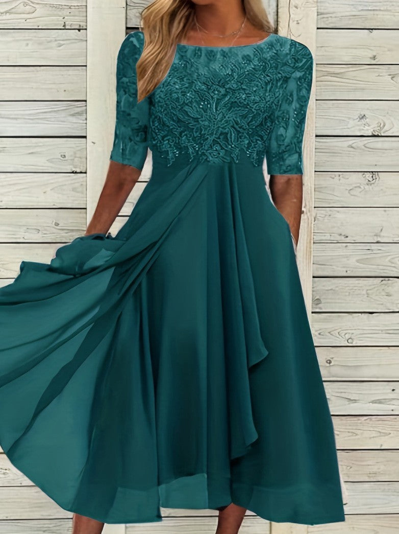 Isla | Chiffon Lace Wedding Guest Midi Dress Red Gold Champagne Bridesmaid - Dark Green