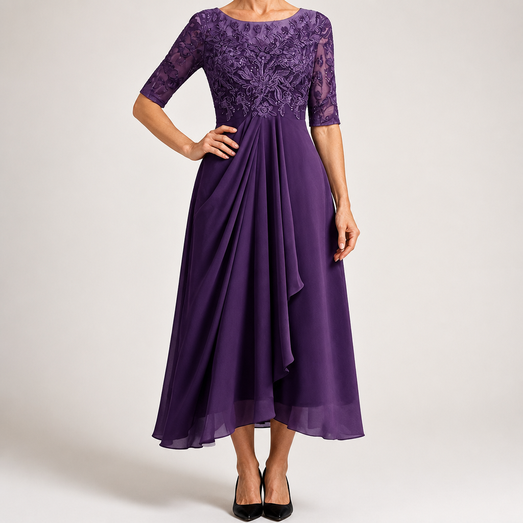 Isla | Womens Wedding Guest Dress Bridesmaid Cocktail Midi Lace Chiffon Dress, Deep Purple