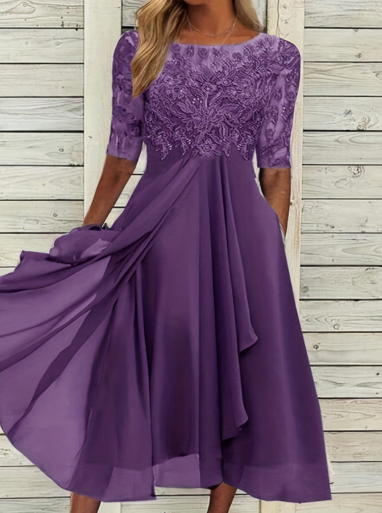 Isla | Chiffon Lace Wedding Guest Midi Dress Red Gold Champagne Bridesmaid - Deep Purple