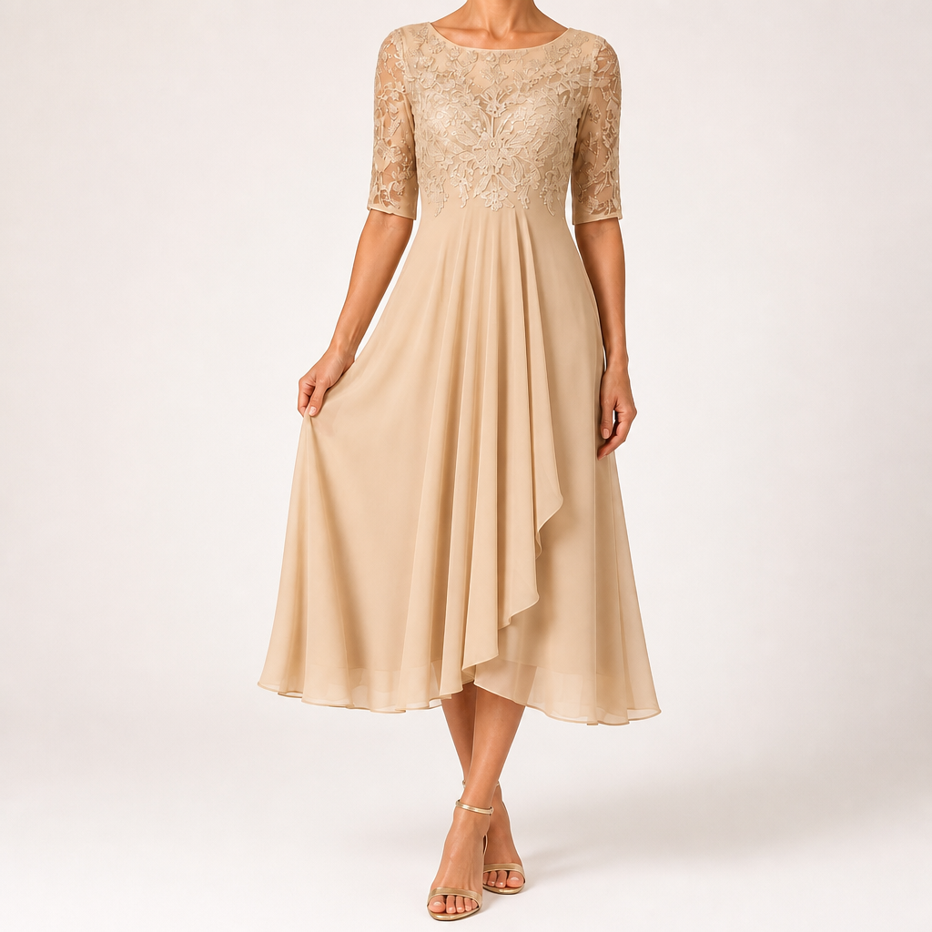Isla | Womens Wedding Guest Dress Bridesmaid Cocktail Midi Lace Chiffon Dress, Gold