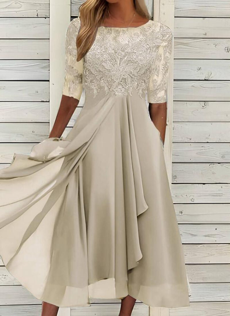 Isla | Chiffon Lace Wedding Guest Midi Dress Red Gold Champagne Bridesmaid - Gold