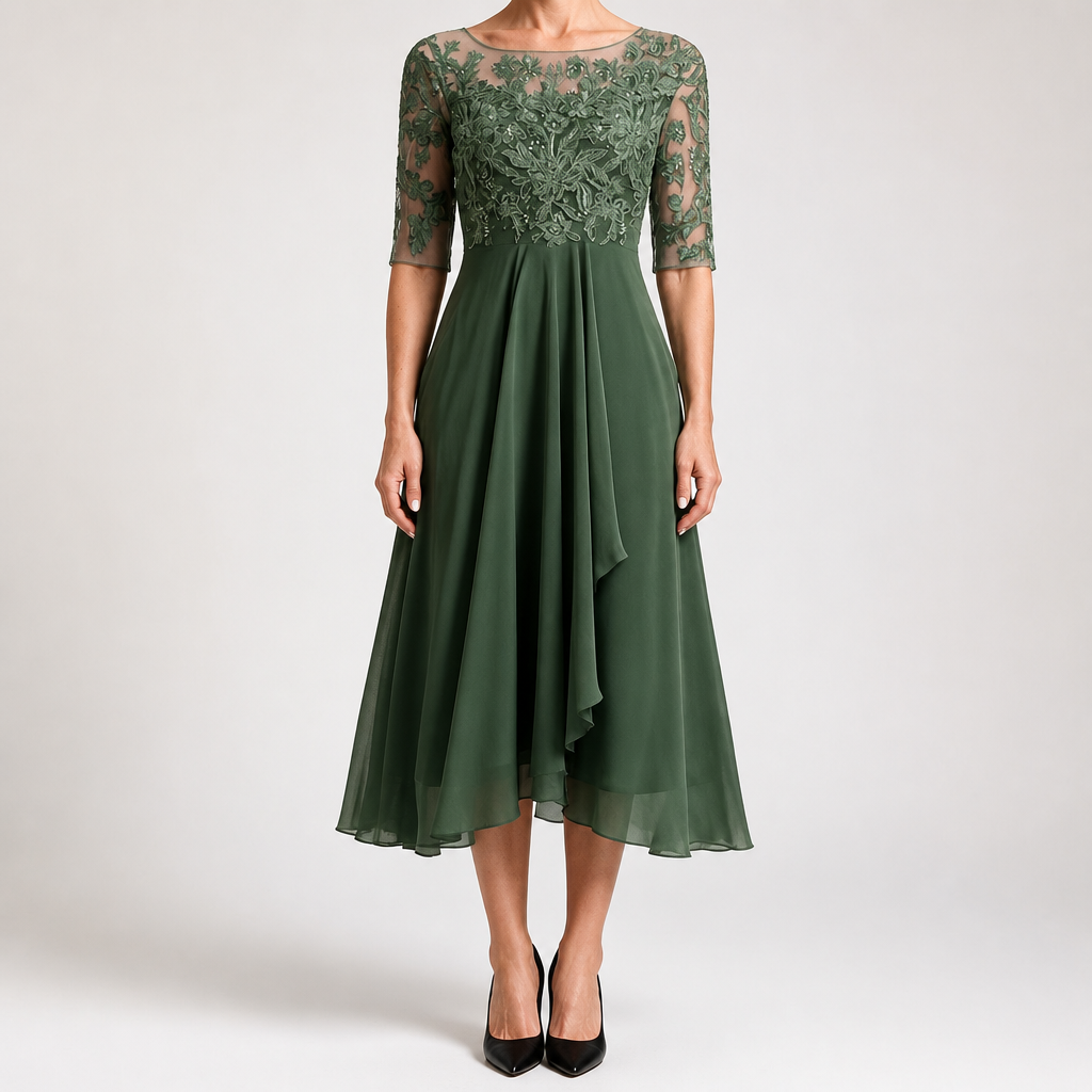 Isla | Womens Wedding Guest Dress Bridesmaid Cocktail Midi Lace Chiffon Dress, Green